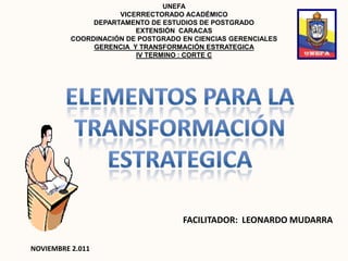 UNEFA
                     VICERRECTORADO ACADÉMICO
               DEPARTAMENTO DE ESTUDIOS DE POSTGRADO
                         EXTENSIÓN CARACAS
          COORDINACIÓN DE POSTGRADO EN CIENCIAS GERENCIALES
               GERENCIA Y TRANSFORMACIÓN ESTRATEGICA
                         IV TERMINO : CORTE C




                                    FACILITADOR: LEONARDO MUDARRA

NOVIEMBRE 2.011
 