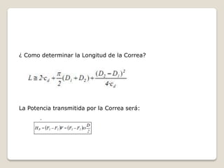 ¿ Como determinar la Longitud de la Correa?




La Potencia transmitida por la Correa será:
 