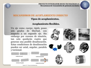 PROYECTO INTEGRADOR SOCIO TECNOLÓGICO II
                             Mecanismos de transmisión de potencia mecánica




                   Tipos de acoplamientos.

                    Acoplamiento flexibles.
Un eje como cuerpo rígido posee
seis grados de libertad, con
respecto a un segundo eje. Sin
embargo por razones de simetría,
tan solo quedarán cuatro que
generan una posible desalineación.
Estas condiciones de desalineación
pueden ser axial, angular, paralela
y torsional.
 
