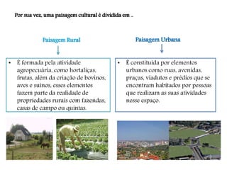 Por sua vez, uma paisagem cultural é dividida em ..
Paisagem Rural
• É formada pela atividade
agropecuária, como hortaliças,
frutas, além da criação de bovinos,
aves e suínos, esses elementos
fazem parte da realidade de
propriedades rurais com fazendas,
casas de campo ou quintas.
Paisagem Urbana
• É constituída por elementos
urbanos como ruas, avenidas,
praças, viadutos e prédios que se
encontram habitados por pessoas
que realizam as suas atividades
nesse espaço.
 