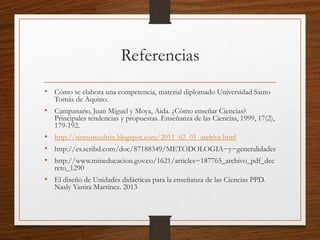 Referencias
• Cómo se elabora una competencia, material diplomado Universidad Santo
Tomás de Aquino.
• Campanario, Juan Miguel y Moya, Aida. ¿Cómo enseñar Ciencias?
Principales tendencias y propuestas. Enseñanza de las Ciencias, 1999, 17(2),
179-192.
• http://nemoricultrix.blogspot.com/2011_02_01_archive.html
• http://es.scribd.com/doc/87188349/METODOLOGIA−y−generalidades
• http://www.mineducacion.gov.co/1621/articles−187765_archivo_pdf_dec
reto_1290
• El diseño de Unidades didácticas para la enseñanza de las Ciencias PPD.
Nasly Yanira Martínez. 2013
 