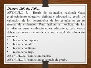 Decreto 1290 del 2009...
ARTICULO 5. Escala de valoración nacional: Cada
establecimiento educativo deﬁnirá y adoptará su escala de
valoración de los desempeños de los estudiantes en su
sistema de evaluación. Para facilitar la movilidad de los
estudiantes entre establecimientos educativos, cada escala
deberá ex-presar su equivalencia con la escala de valoración
nacional:
• Desempeño Superior
• Desempeño Alto
• Desempeño Básico
• Desempeño Bajo
ARTÍCULO6. Promoción escolar.
ARTÍCULO7. Promoción anticipada de grado.
 
