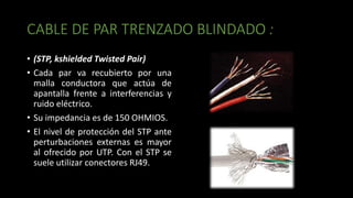 CABLE DE PAR TRENZADO BLINDADO :
• (STP, kshielded Twisted Pair)
• Cada par va recubierto por una
malla conductora que act...