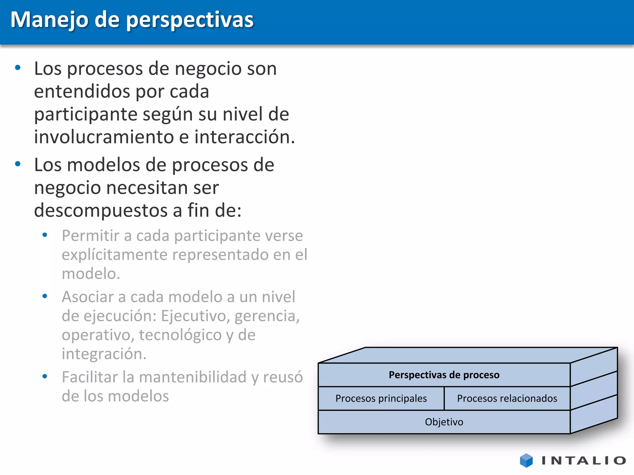 Manejo de perspectivas
• Los procesos de negocio son
  entendidos por cada
  participante según su nivel de
  involucramiento e interacción.
• Los modelos de procesos de
  negocio necesitan ser
  descompuestos a fin de:
   • Permitir a cada participante verse
     explícitamente representado en el
     modelo.
   • Asociar a cada modelo a un nivel
     de ejecución: Ejecutivo, gerencia,
     operativo, tecnológico y de
     integración.
   • Facilitar la mantenibilidad y reusó              Perspectivas de proceso

     de los modelos                        Procesos principales     Procesos relacionados

                                                              Objetivo
 