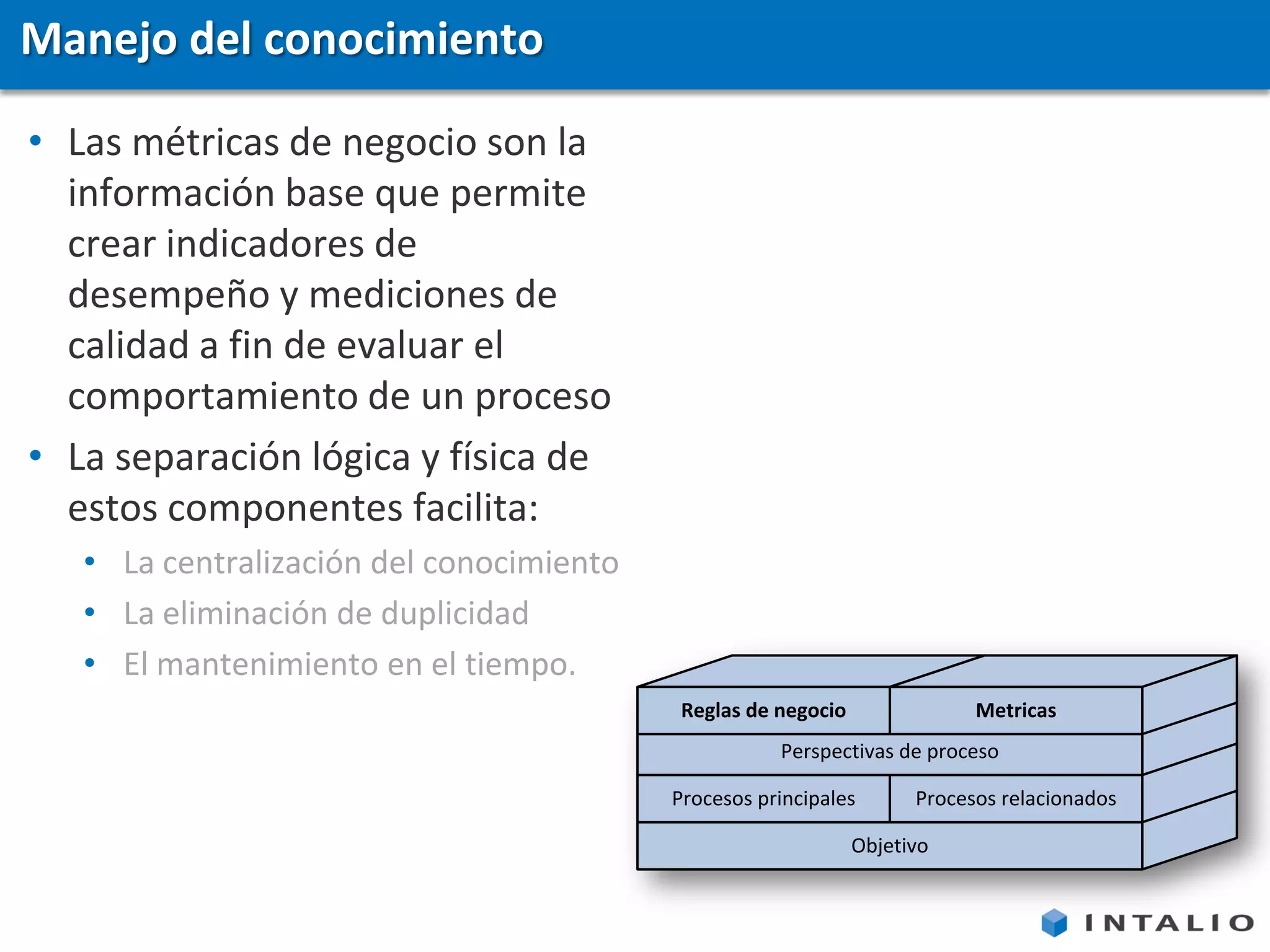 Manejo del conocimiento

• Las métricas de negocio son la
  información base que permite
  crear indicadores de
  desempeño y mediciones de
  calidad a fin de evaluar el
  comportamiento de un proceso
• La separación lógica y física de
  estos componentes facilita:
   • La centralización del conocimiento
   • La eliminación de duplicidad
   • El mantenimiento en el tiempo.
                                           Reglas de negocio               Metricas
                                                     Perspectivas de proceso

                                          Procesos principales       Procesos relacionados

                                                               Objetivo
 