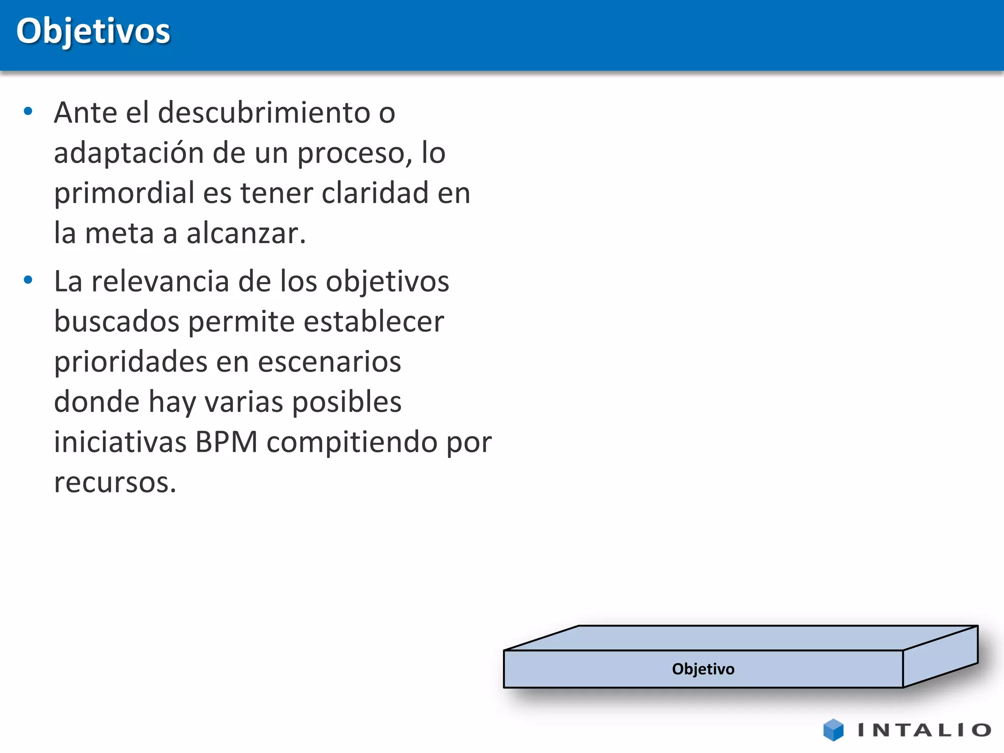Objetivos

• Ante el descubrimiento o
  adaptación de un proceso, lo
  primordial es tener claridad en
  la meta a alcanzar.
• La relevancia de los objetivos
  buscados permite establecer
  prioridades en escenarios
  donde hay varias posibles
  iniciativas BPM compitiendo por
  recursos.




                                    Objetivo
 