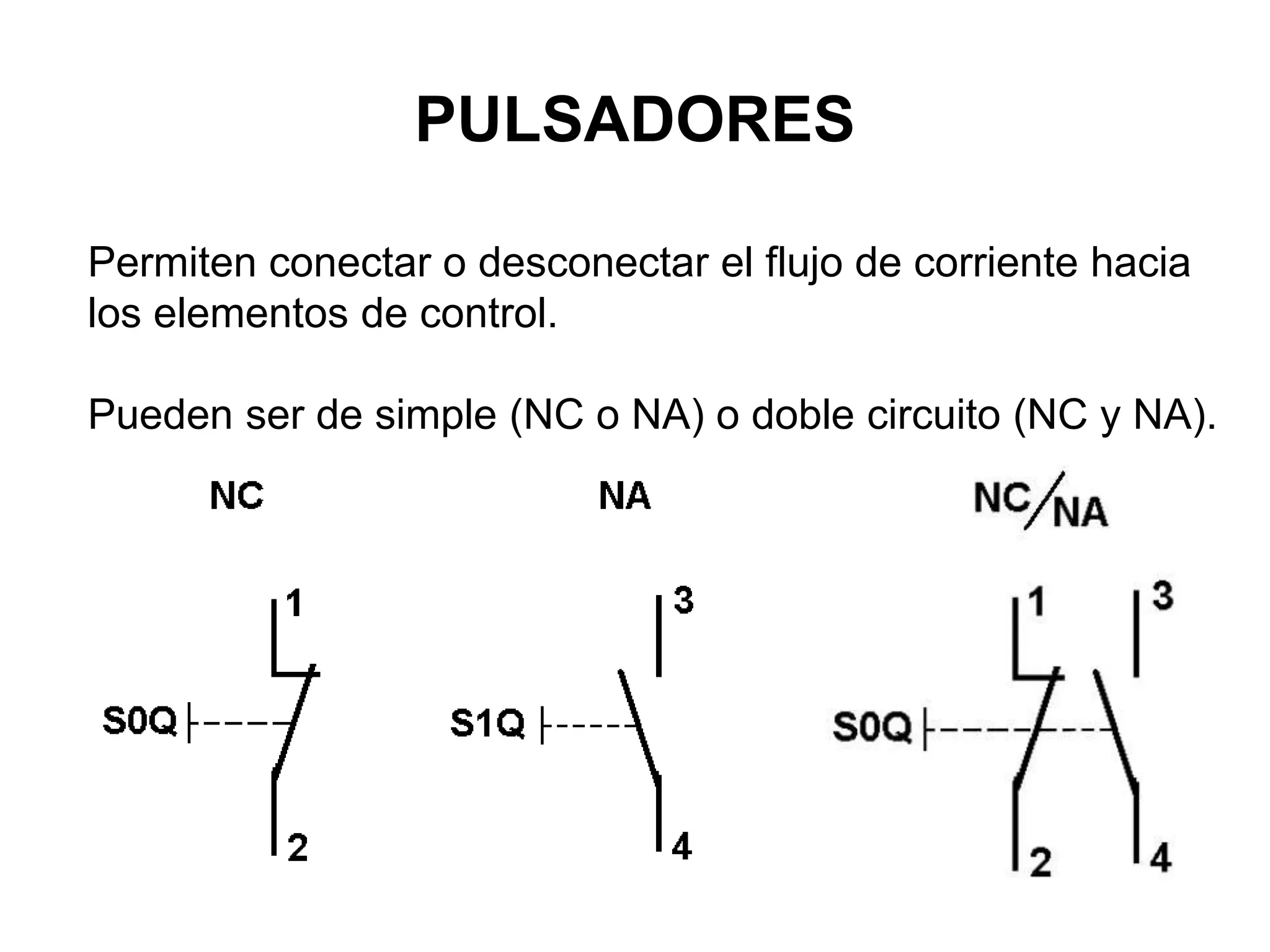 PULSADORES
Permiten conectar o desconectar el flujo de corriente hacia
los elementos de control.
Pueden ser de simple (NC o NA) o doble circuito (NC y NA).
 