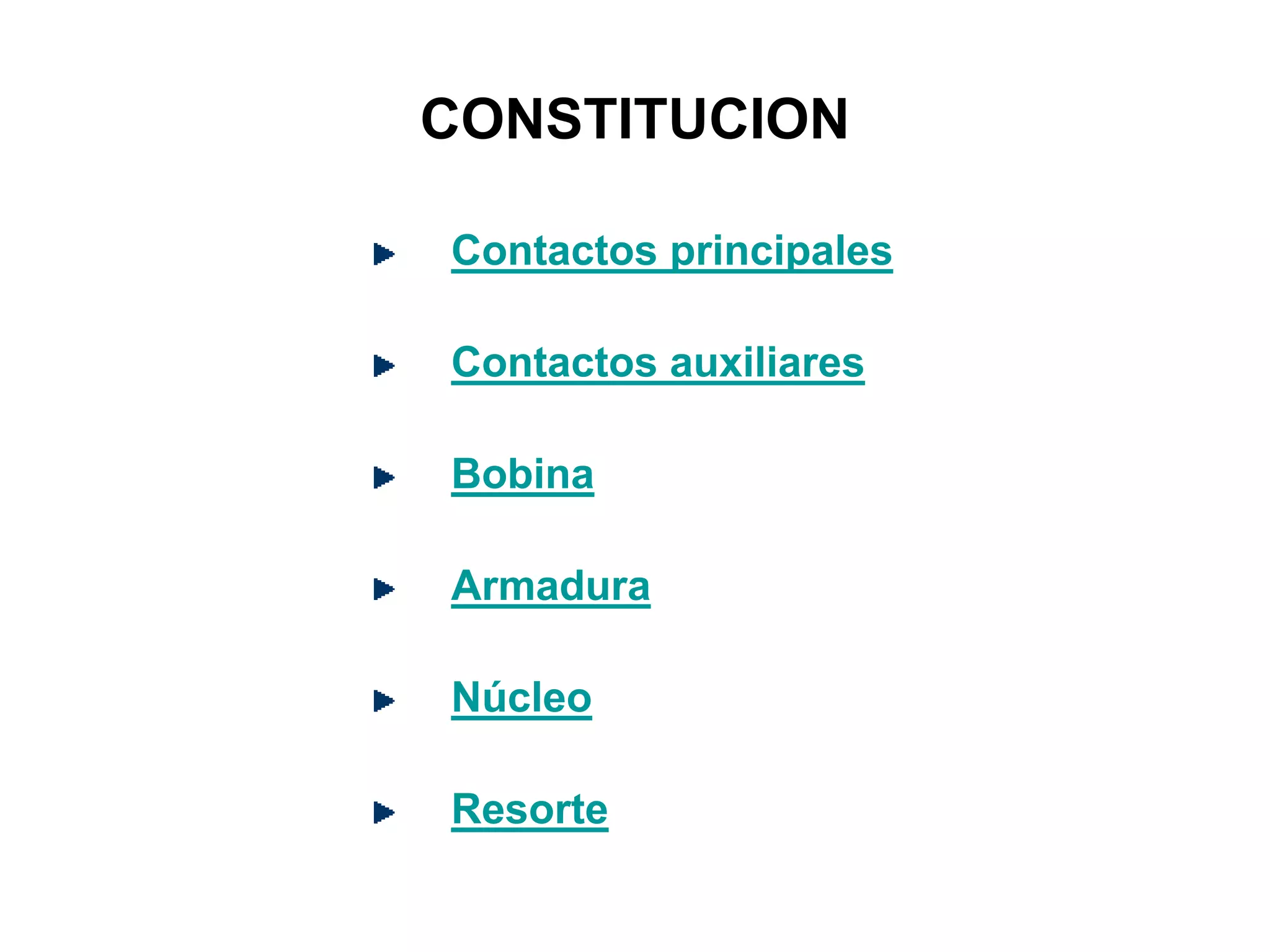 CONSTITUCION
Contactos principales
Contactos auxiliares
Bobina
Armadura
Núcleo
Resorte
 