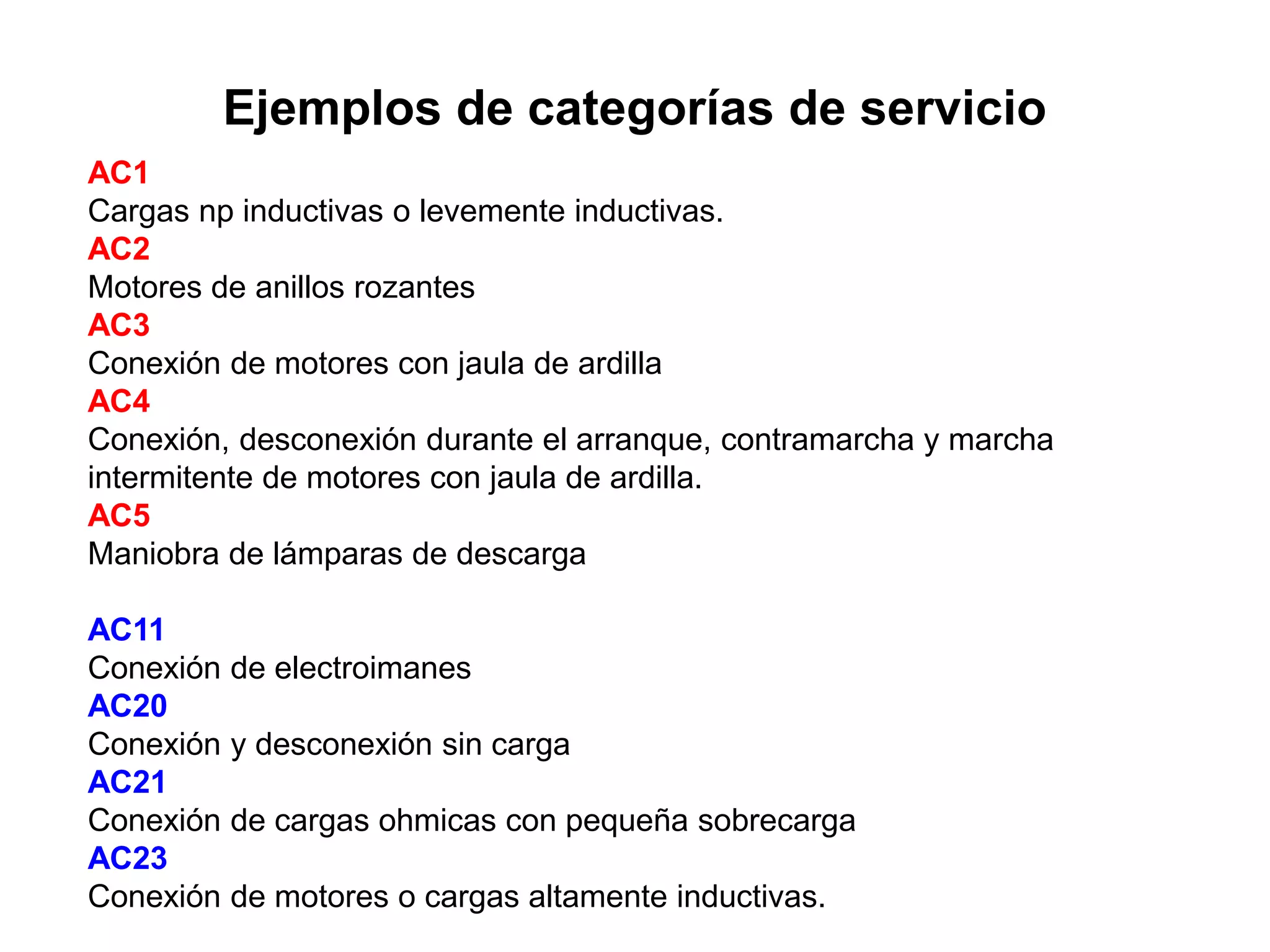 Ejemplos de categorías de servicio
AC1
Cargas np inductivas o levemente inductivas.
AC2
Motores de anillos rozantes
AC3
Conexión de motores con jaula de ardilla
AC4
Conexión, desconexión durante el arranque, contramarcha y marcha
intermitente de motores con jaula de ardilla.
AC5
Maniobra de lámparas de descarga
AC11
Conexión de electroimanes
AC20
Conexión y desconexión sin carga
AC21
Conexión de cargas ohmicas con pequeña sobrecarga
AC23
Conexión de motores o cargas altamente inductivas.
 