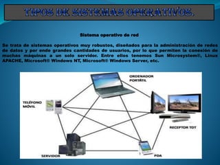 Sistema operativo de red
Se trata de sistemas operativos muy robustos, diseñados para la administración de redes
de datos y por ende grandes cantidades de usuarios, por lo que permiten la conexión de
muchas máquinas a un solo servidor. Entre ellos tenemos Sun Microsystem®, Linux
APACHE, Microsoft® Windows NT, Microsoft® Windows Server, etc.
 