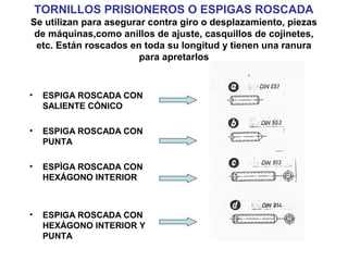 TORNILLOS PRISIONEROS O ESPIGAS ROSCADA
Se utilizan para asegurar contra giro o desplazamiento, piezas
de máquinas,como anillos de ajuste, casquillos de cojinetes,
etc. Están roscados en toda su longitud y tienen una ranura
para apretarlos
• ESPIGA ROSCADA CON
SALIENTE CÓNICO
• ESPIGA ROSCADA CON
PUNTA
• ESPÌGA ROSCADA CON
HEXÁGONO INTERIOR
• ESPIGA ROSCADA CON
HEXÁGONO INTERIOR Y
PUNTA
 