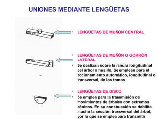 UNIONES MEDIANTE LENGÜETAS
• LENGÜETAS DE MUÑON CENTRAL
• LENGÜETAS DE MUÑÓN O GORRÓN
LATERAL
• Se deslizan sobre la ranura longitudinal
del árbol o husillo. Se emplean para el
accionamiento automático, longitudinal o
transversal, de los tornos
• LENGÜETAS DE DISCO
• Se emplea para la transmisión de
movimientos de árboles con extremos
cónicos. En su construcción se debilita
mucho la sección transversal del árbol,
por lo que se emplea para transmitir
 