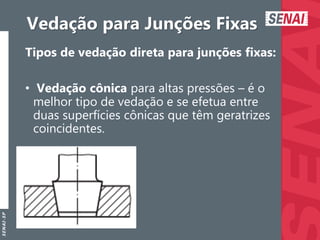 S
E
N
A
I
-
S
P
Vedação para Junções Fixas
Tipos de vedação direta para junções fixas:
• Vedação cônica para altas pressões – é o
melhor tipo de vedação e se efetua entre
duas superfícies cônicas que têm geratrizes
coincidentes.
 
