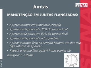 S
E
N
A
I
-
S
P
Juntas
MANUTENÇÃO EM JUNTAS FLANGEADAS:
• Apertar sempre em sequência cruzada.
• Apertar cada porca até 30% do torque final.
• Apertar cada porca até 60% do torque final.
• Apertar cada porca até o torque final.
• Aplicar o torque final no sentido horário, até que não
haja rotação das porcas.
• Repetir o torque final após 4 horas e antes de
energizar o sistema.
 