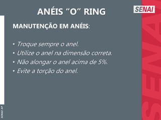 S
E
N
A
I
-
S
P
ANÉIS “O” RING
MANUTENÇÃO EM ANÉIS:
• Troque sempre o anel.
• Utilize o anel na dimensão correta.
• Não alongar o anel acima de 5%.
• Evite a torção do anel.
 