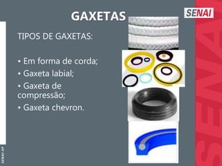S
E
N
A
I
-
S
P
GAXETAS
TIPOS DE GAXETAS:
• Em forma de corda;
• Gaxeta labial;
• Gaxeta de
compressão;
• Gaxeta chevron.
 