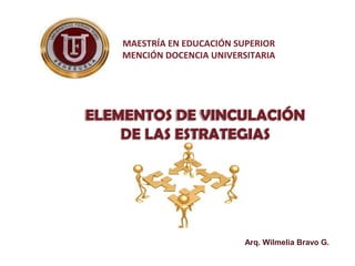 MAESTRÍA EN EDUCACIÓN SUPERIOR
MENCIÓN DOCENCIA UNIVERSITARIA
ELEMENTOS DE VINCULACIÓN
DE LAS ESTRATEGIAS
Arq. Wilmelia Bravo G.
 
