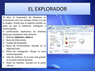EL EXPLORADOR
Al abrir tu Explorador de Windows te
encontrarás con una ventana similar a la de
la imagen. Puede que el aspecto cambie un
poco ya que la podemos configurar a
nuestro gusto.
A continuación explicamos las distintas
áreas que componen esta ventana:
1. Botones Adelante y Atrás a.
2. Barra de direcciones.
3. Cuadro de búsqueda.
4. Barra de herramientas. Situada en la
segunda línea.
5. Panel de navegación. Ocupa la zona
central izquierda
6. Lista de archivos. Es la zona más grande
en la parte central derecha.
7. Panel de detalles. Situado en la parte
inferior.

 