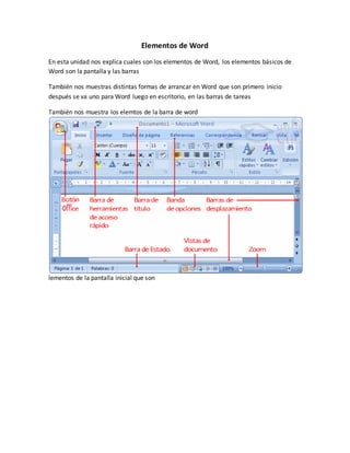 Elementos de Word
En esta unidad nos explica cuales son los elementos de Word, los elementos básicos de
Word son la pantalla y las barras
También nos muestras distintas formas de arrancar en Word que son primero inicio
después se va uno para Word luego en escritorio, en las barras de tareas
También nos muestra los elemtos de la barra de word
lementos de la pantalla inicial que son
 