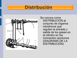 Distribución
Se conoce como
DISTRIBUCIÓN al
conjunto de órganos
mecánicos que
regulan la entrada y
salida de los gases en
el cilindro en los
momentos oportunos
(DIAGRAMA DE LA
DISTRIBUCIÓN)
 