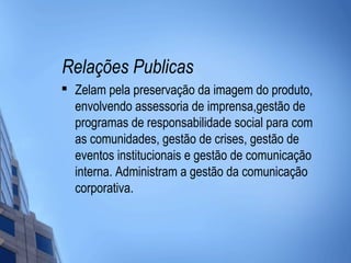 Relações Publicas

    Zelam pela preservação da imagem do produto,
    envolvendo assessoria de imprensa,gestão de
    programas de responsabilidade social para com
    as comunidades, gestão de crises, gestão de
    eventos institucionais e gestão de comunicação
    interna. Administram a gestão da comunicação
    corporativa.
 