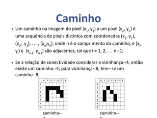 Caminho
• Um caminho na imagem do pixel (x1
, y1
) a um pixel (xn
, yn
) é
uma sequência de pixels distintos com coordenadas (x1
, y1
),
(x2
, y2
), … , (xn
,yn
), onde n é o comprimento do caminho, e (xi
,
yi
) e (xi+1
. yi+1
) são adjacentes, tal que i = 1, 2, … n--1;
• Se a relação de conectividade considerar a vizinhança--4, então
existe um caminho--4; para vizinhança--8, tem--se um
caminho--8;
0 1 2 3 4 5 6
0
1
2
3
4
5
6
0 1 2 3 4 5 6
0
1
2
3
4
5
6
caminho-- caminho--
 
