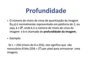 Profundidade
• O número de níveis de cinza de quantização da imagem
f(x,y) é normalmente representado em potência de 2, ou
seja, L = 2b
, onde L é o número de níveis de cinza da
imagem e b é chamado de profundidade da imagem;
• Exemplo:
Se L = 256 (níveis de 0 a 255), isto significa que são
necessários 8 bits (256 = 28
) por pixel para armazenar uma
imagem;
 