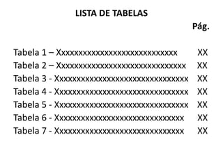 LISTA DE TABELAS
                                             Pág.

Tabela 1 – Xxxxxxxxxxxxxxxxxxxxxxxxxxxx       XX
Tabela 2 – Xxxxxxxxxxxxxxxxxxxxxxxxxxxxxx     XX
Tabela 3 - Xxxxxxxxxxxxxxxxxxxxxxxxxxxxxxx    XX
Tabela 4 - Xxxxxxxxxxxxxxxxxxxxxxxxxxxxxxx    XX
Tabela 5 - Xxxxxxxxxxxxxxxxxxxxxxxxxxxxxxx    XX
Tabela 6 - Xxxxxxxxxxxxxxxxxxxxxxxxxxxxxx     XX
Tabela 7 - Xxxxxxxxxxxxxxxxxxxxxxxxxxxxxx     XX
 