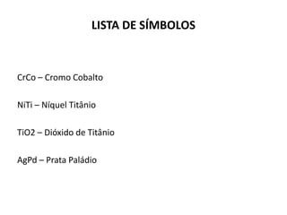 LISTA DE SÍMBOLOS



CrCo – Cromo Cobalto

NiTi – Níquel Titânio

TiO2 – Dióxido de Titânio

AgPd – Prata Paládio
 