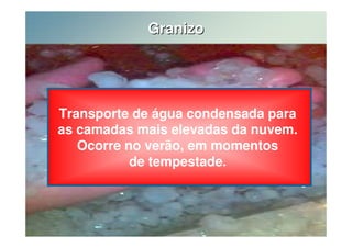 Granizo 
Transporte de água condensada para 
as camadas mais elevadas da nuvem. 
Ocorre no verão, em momentos 
de tempestade. 
 