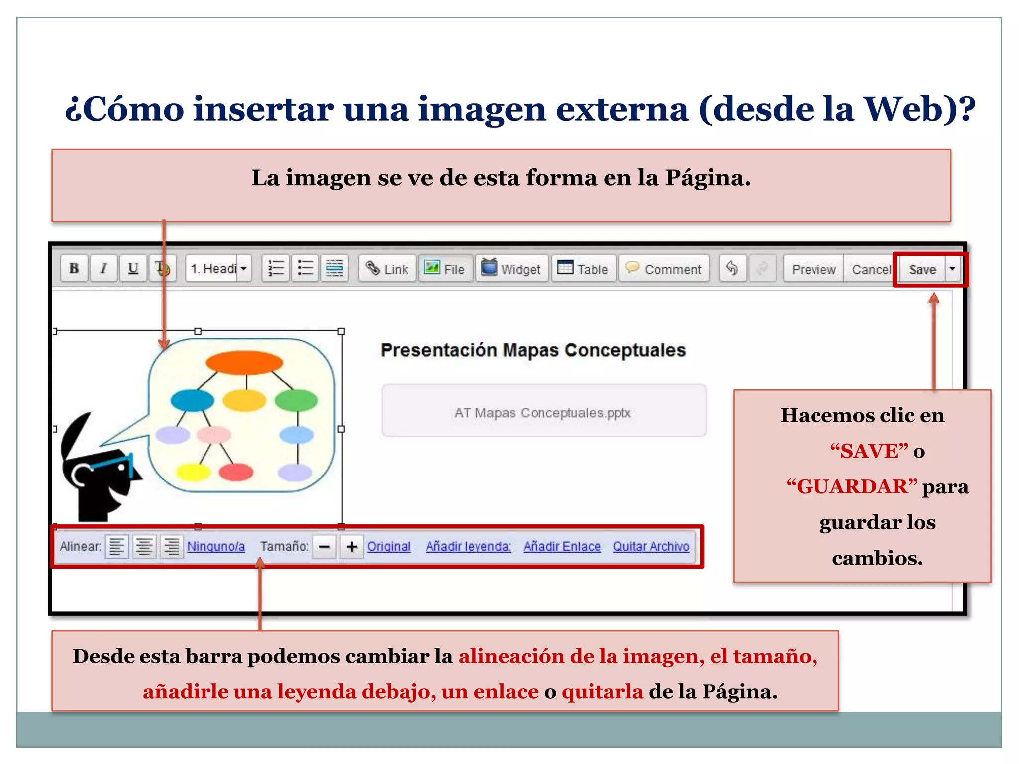La imagen se ve de esta forma en la Página.
Hacemos clic en
“SAVE” o
“GUARDAR” para
guardar los
cambios.
¿Cómo insertar una imagen externa (desde la Web)?
Desde esta barra podemos cambiar la alineación de la imagen, el tamaño,
añadirle una leyenda debajo, un enlace o quitarla de la Página.
 