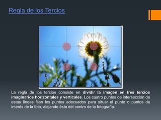 Regla de los Tercios
La regla de los tercios consiste en dividir la imagen en tres tercios
imaginarios horizontales y verticales. Los cuatro puntos de intersección de
estas líneas fijan los puntos adecuados para situar el punto o puntos de
interés de la foto, alejando éste del centro de la fotografía.