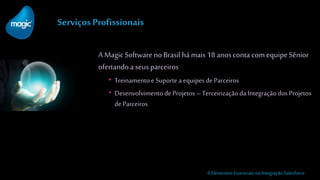 Serviços Profissionais
A Magic Software no Brasilhá mais 18 anosconta com equipe Sênior
ofertandoa seus parceiros
• Treinamentoe Suporte a equipesde Parceiros
• Desenvolvimento de Projetos – Terceirização da Integração dos Projetos
de Parceiros
6 Elementos Essenciais na Integração Salesforce
 