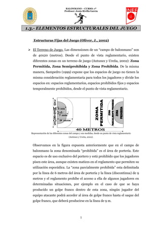 BALONMANO – CURSO: 1º
Profesor: Jesús Rivilla García

1.3.- ELEMENTOS ESTRUCTURALES DEL JUEGO
Estructuras Fijas del Juego (Oliver, J., 2002)
El Terreno de Juego. Las dimensiones de un “campo de balonmano” son
de 40x20 (metros). Desde el punto de vista reglamentario, existen
diferentes zonas en un terreno de juego (Antunez y Ureña, 2002): Zona
Permitida, Zona Semiprohibida y Zona Prohibida. De la misma
manera, Sampedro (1999) expone que los espacios de juego no tienen la
misma consideración reglamentaria para todos los jugadores y divide los
espacios en: espacios reglamentarios, espacios prohibidos fijos y espacios
temporalmente prohibidos, desde el punto de vista reglamentario.

Representación de las diferentes zonas del campo y sus medidas, desde un punto de vista reglamentario
(Antúnez y Ureña, 2002).

Observamos en la figura expuesta anteriormente que en el campo de
balonmano la zona denominada “prohibida” es el área de portería. Este
espacio es de uso exclusivo del portero y está prohibido que los jugadores
pisen este área, aunque existen matices en el reglamento que permiten su
utilización esporádica. La “zona parcialmente prohibida” esta delimitada
por la línea de 6 metros del área de portería y la línea (discontinua) de 9
metros y el reglamento prohíbe el acceso a ella de algunos jugadores en
determinadas situaciones, por ejemplo en el caso de que se haya
producido un golpe franco dentro de esta zona, ningún jugador del
equipo atacante podrá acceder al área de golpe franco hasta el saque del
golpe franco, que deberá producirse en la línea de 9 m.

1

 