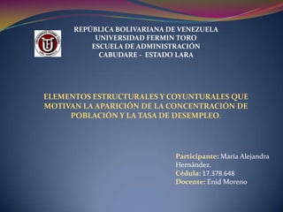 REPÚBLICA BOLIVARIANA DE VENEZUELA
           UNIVERSIDAD FERMIN TORO
          ESCUELA DE ADMINISTRACIÓN
            CABUDARE - ESTADO LARA




ELEMENTOS ESTRUCTURALES Y COYUNTURALES QUE
MOTIVAN LA APARICIÓN DE LA CONCENTRACIÓN DE
     POBLACIÓN Y LA TASA DE DESEMPLEO.




                             Participante: María Alejandra
                             Hernández.
                             Cédula: 17.378.648
                             Docente: Enid Moreno
 