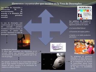 Las políticas de Empleo:  El Estado impulsa actualmente las siguientes políticas de empleo: o  La inamovilidad laboral :    o  El aumento del empleo público: o  Impulso a un tejido productivo alternativo:   Elementos coyunturales que inciden en la Tasa de Desempleo La legislación laboral : El marco legal venezolano crea distorsiones en el mercado laboral que promueve irónicamente la discriminación de sectores de la población que la ley trata de proteger.  Por ejemplo: el beneficio de la inamovilidad laboral para la mujer durante el embarazo hasta por un año después del parto, incentiva la no contratación de mujeres en edad de concebir;  Los  ciclos de expansión y contracción de la macroeconomía, de acuerdo a la dinámica del mercado petrolero mundial:  La tasa de desempleo está condicionada por la dinámica del mercado petrolero mundial en relación inversa, al aumentar el precio del petróleo disminuye la tasa de desempleo y viceversa los programas de guarderías infantiles y el bono alimentario incentivan una nómina de menos de 20 trabajadores; los decretos de inamovilidad laboral hacen proliferar los contratos de prueba de 89 días y la inestabilidad laboral.. 