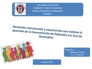Universidad Fermín Toro
Facultad de Ciencias Económicas
Escuela de Relaciones Industriales
           Cabudare.




                                     Integrantes:
                                          Colmenarez Genessy
                                            C.I.: 23. 364.645



         Cabudare, 2013
 