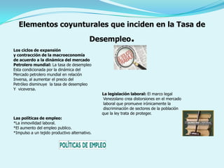 Elementos coyunturales que inciden en la Tasa de
                                          Desempleo           .
Los ciclos de expansión
y contracción de la macroeconomía
de acuerdo a la dinámica del mercado
Petrolero mundial: La tasa de desempleo
Esta condicionada por la dinámica del
Mercado petrolero mundial en relación
Inversa, al aumentar el precio del
Petróleo disminuye la tasa de desempleo
Y viceversa.
                                               La legislación laboral: El marco legal
                                                Venezolano crea distorsiones en el mercado
                                                laboral que promueve irónicamente la
                                                discriminación de sectores de la población
                                               que la ley trata de proteger.
Las políticas de empleo:
*La inmovilidad laboral.
*El aumento del empleo publico.
*Impulso a un tejido productivo alternativo.
 