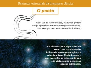 Além das suas dimensões, os pontos podem
surgir agrupados em concentração modeladora.
Um exemplo dessa concentração é a linha.
Ao observarmos algo, a forma
como nos posicionamos
influencia nossa percepção em
relação a isso. Nesta imagem,
por exemplo, as estrelas do céu
são vistas como pequenos
pontos brilhantes.
 