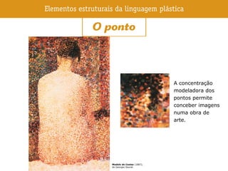 A concentração
modeladora dos
pontos permite
conceber imagens
numa obra de
arte.
Modelo de Costas (1887),
de Georges Seurat.
 