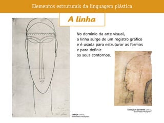 Cabeça (1910),
de Amedeo Modigliani.
Cabeça de Cariátide (1911),
de Amedeo Modigliani.
No domínio da arte visual,
a linha surge de um registro gráfico
e é usada para estruturar as formas
e para definir
os seus contornos.
 