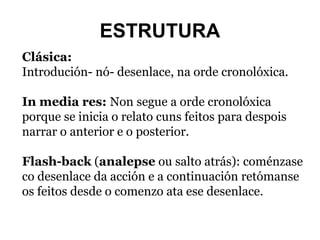 ESTRUTURA
Clásica:
Introdución- nó- desenlace, na orde cronolóxica.
In media res: Non segue a orde cronolóxica
porque se inicia o relato cuns feitos para despois
narrar o anterior e o posterior.
Flash-back (analepse ou salto atrás): coménzase
co desenlace da acción e a continuación retómanse
os feitos desde o comenzo ata ese desenlace.

 