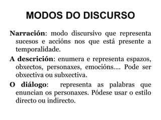MODOS DO DISCURSO
Narración: modo discursivo que representa
sucesos e accións nos que está presente a
temporalidade.
A descrición: enumera e representa espazos,
obxectos, personaxes, emocións…. Pode ser
obxectiva ou subxectiva.
O diálogo:
representa as palabras que
enuncian os personaxes. Pódese usar o estilo
directo ou indirecto.

 