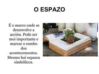 O ESPAZO
É o marco onde se
desenvolve a
acción. Pode ser
moi importante e
marcar o rumbo
dos
acontecementos.
Mesmo hai espazos
simbólicos.

 