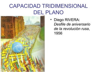 CAPACIDAD TRIDIMENSIONAL
DEL PLANO
• Diego RIVERA:
Desfile de aniversario
de la revolución rusa,
1956

 