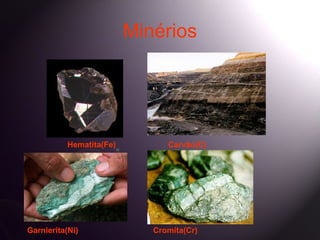 Minérios




           Hematita(Fe)         Carvão(C)




Garnierita(Ni)               Cromita(Cr)
 