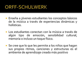  Enseña a jóvenes estudiantes los conceptos básicos
de la música a través de experiencias dinámicas y
holísticas.
 Los estudiantes conectan con la música a través de
algún tipo de emoción, sensibilidad cultural,
memoria o incluso un toque físico.
 Se cree que lo que les permite a los niños que hagan
sus propios ritmos, canciones y estructuras es el
ambiente de aprendizaje creado más positivo
 