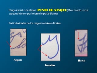 Rasgo inicial o deataque: PUNTO DEATAQUE(Movimiento inicial
personalísimo y por lo tanto importantísimo)
Particularidadesdelosrasgosinicialeso finales:
Arpón
Gancho
Recto
 