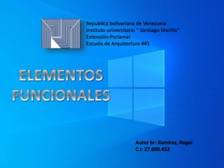 Republica bolivariana de Venezuela
Instituto universitario “ Santiago Mariño”
Extensión-Porlamar
Escuela de Arquitectura #41
Autor br: Ramírez, Roger
C.I: 27.000.452
 