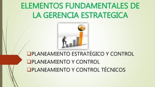 ELEMENTOS FUNDAMENTALES DE
LA GERENCIA ESTRATEGICA
PLANEAMIENTO ESTRATÉGICO Y CONTROL
PLANEAMIENTO Y CONTROL
PLANEAMIENTO Y CONTROL TÉCNICOS
 